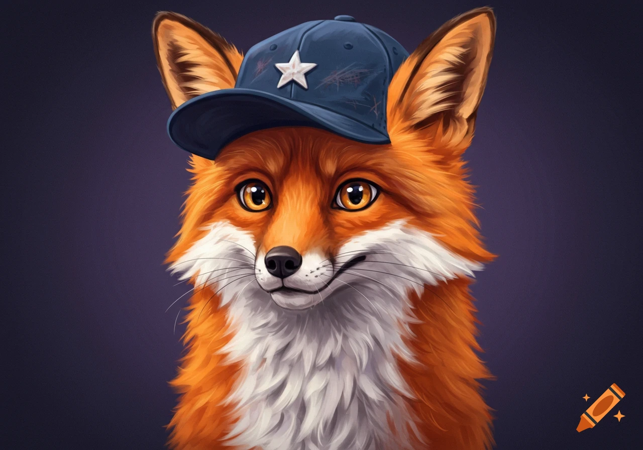 An illustration of a fox wearing a blue baseball cap with a white star.