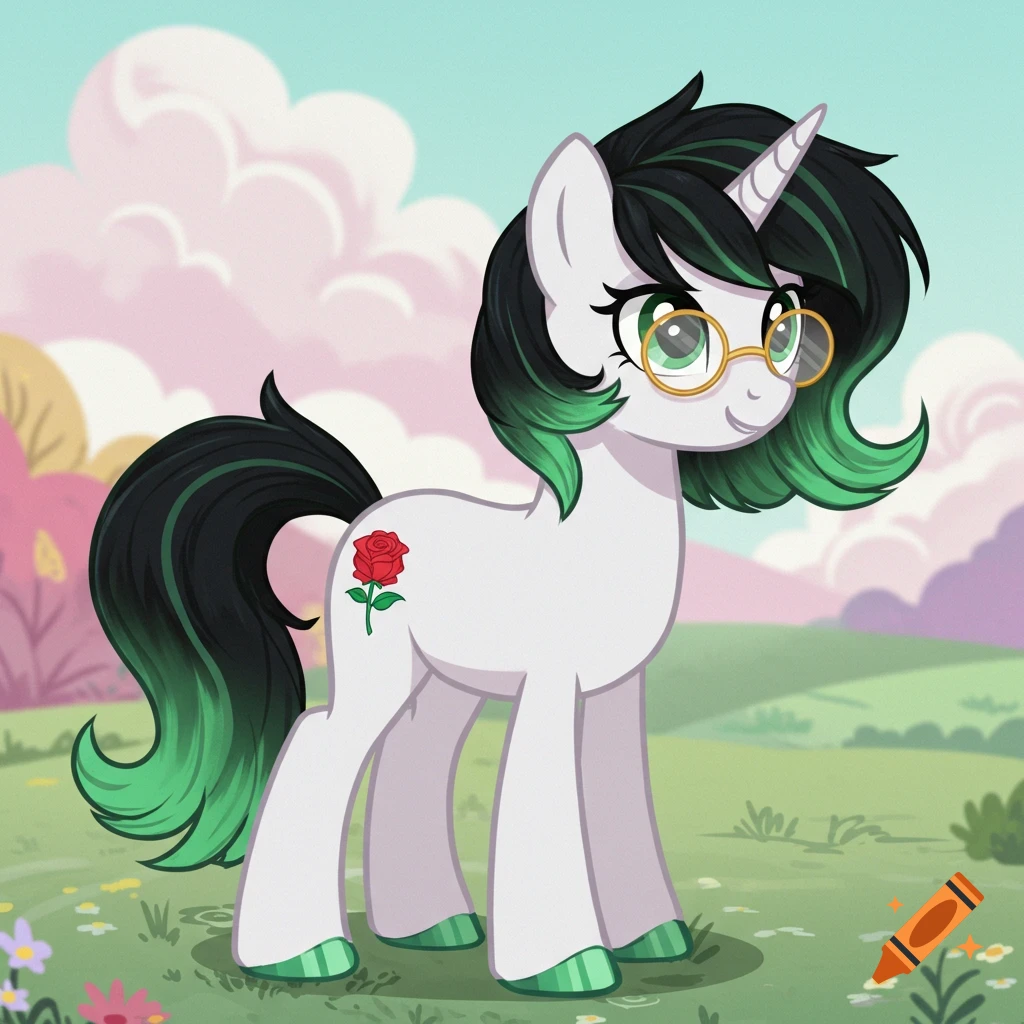 A My Little Pony style cartoon of a white unicorn mare with black and green hair, glasses, and a red rose cutie mark in a field.