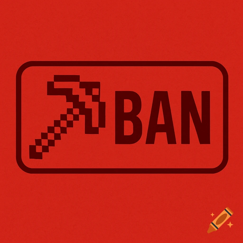 Red button with a pixelated pickaxe symbol and the word BAN