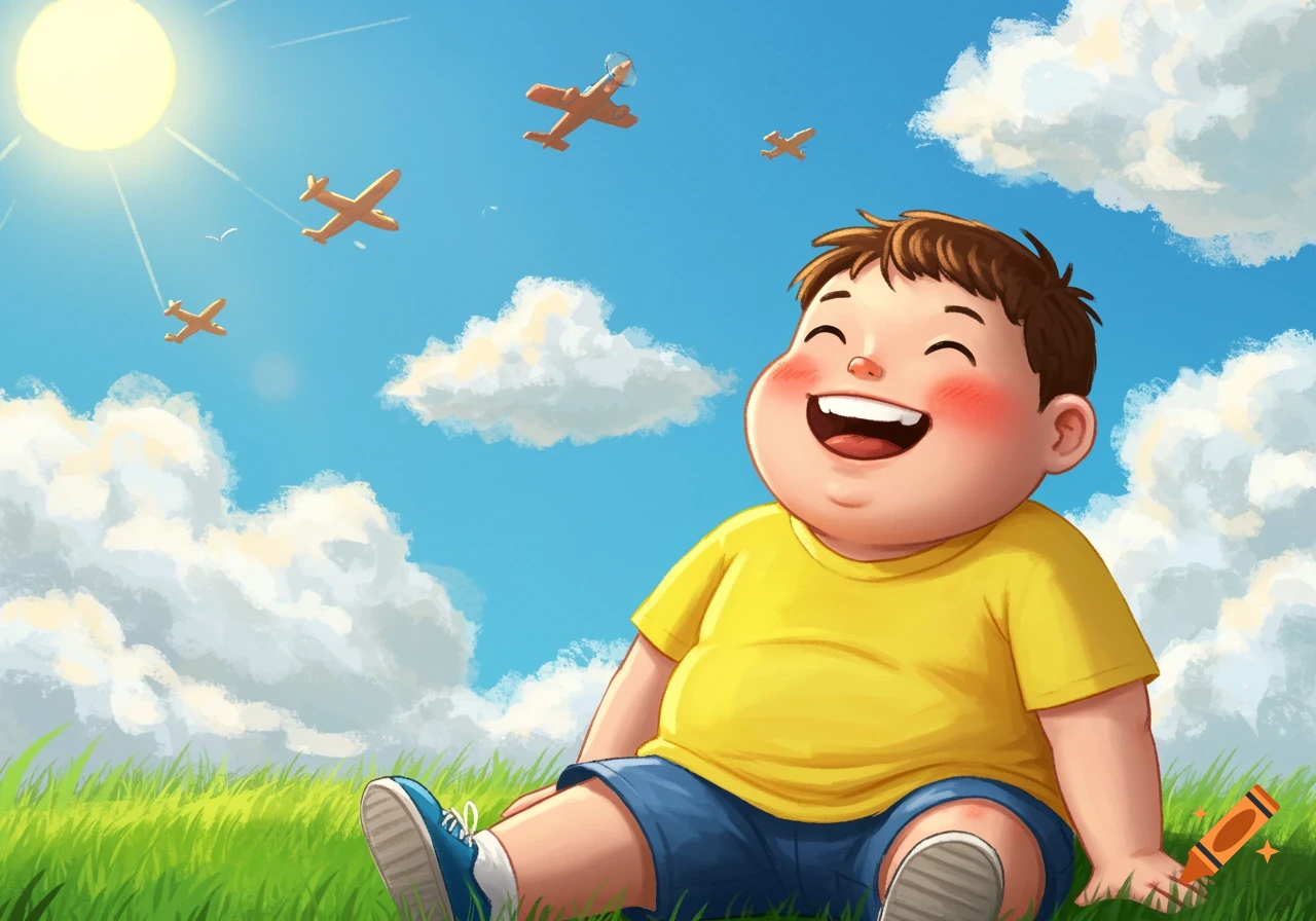 A happy boy sits in the grass looking up at small airplanes flying in a sunny blue sky, illustration.