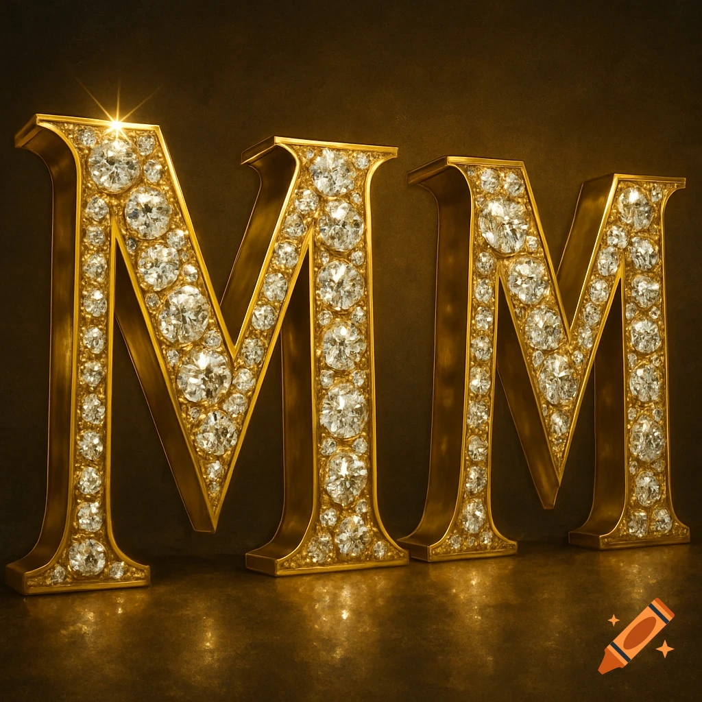 Two giant gold letters 'M' encrusted with diamonds sit on a reflective surface.