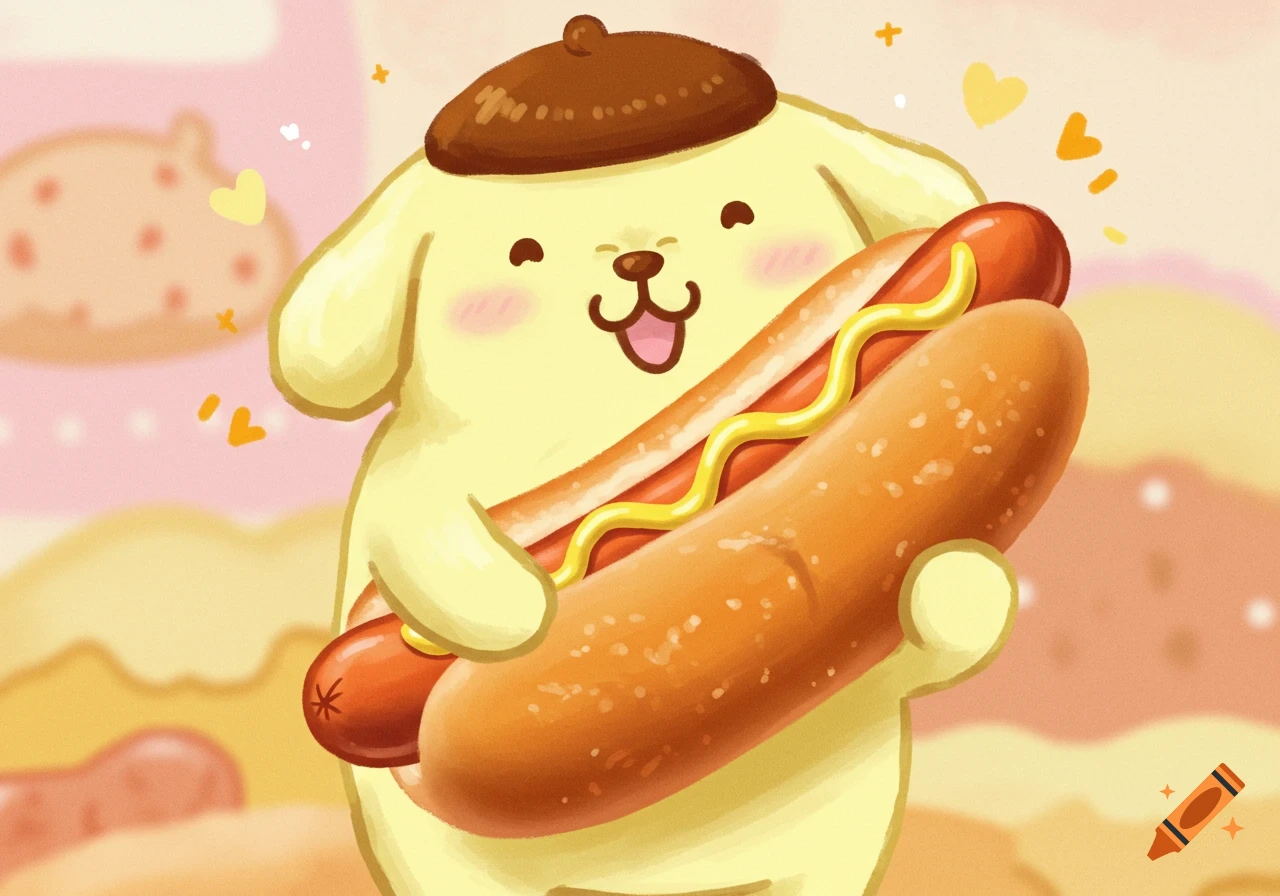 Cute illustration of Pompompurin holding a hot dog with mustard.