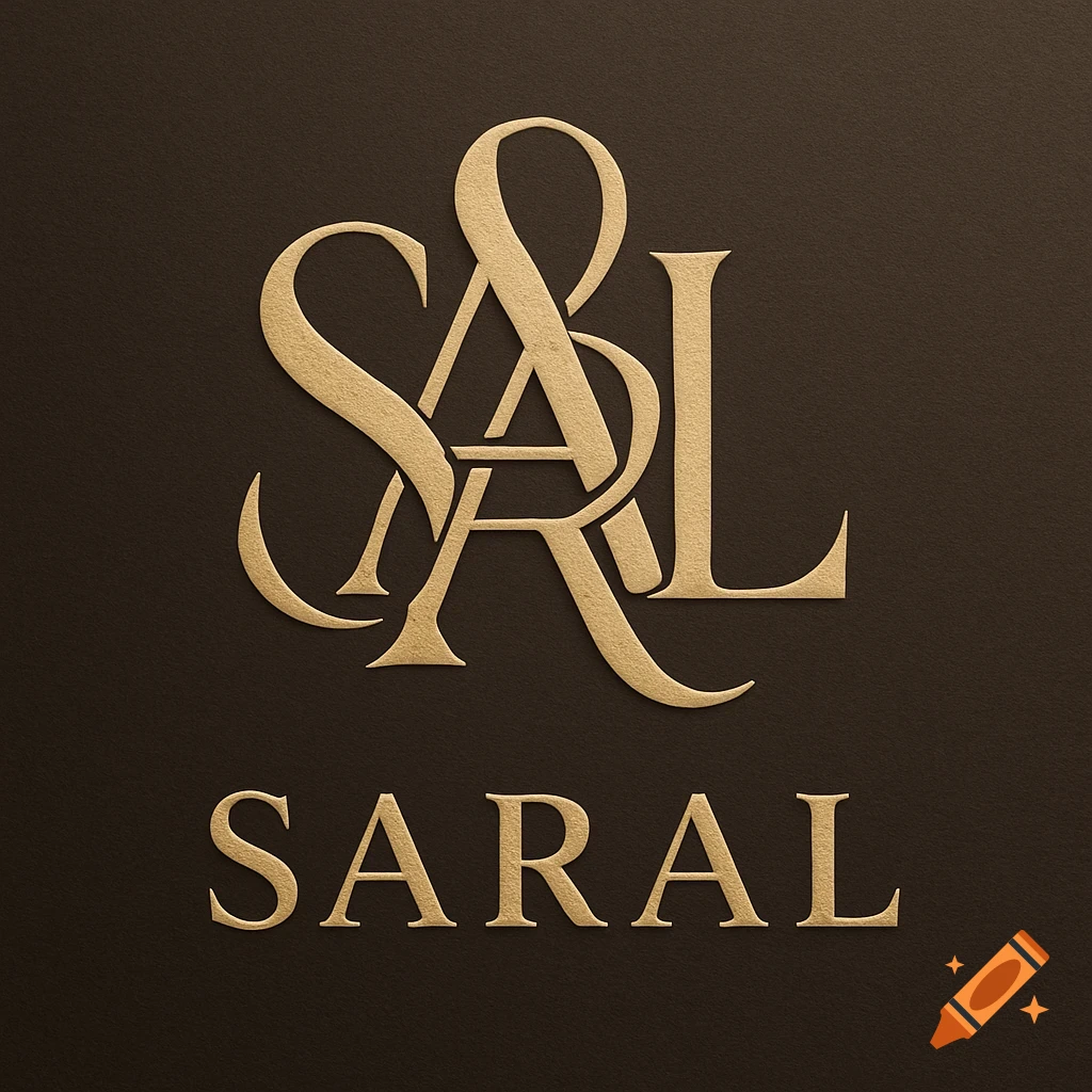 Gold monogram logo for SARAL on a dark background