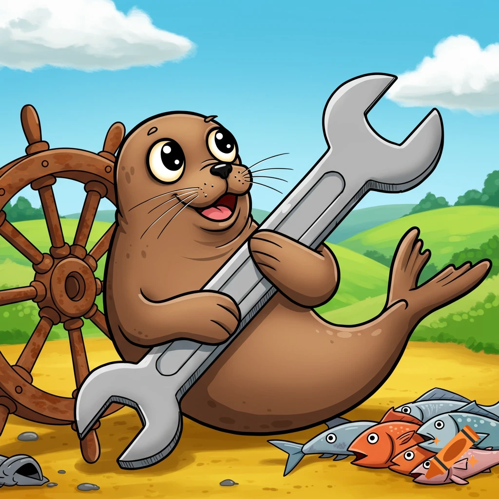 Cartoon seal holding a large wrench while sitting next to a ship's wheel and a pile of fish.
