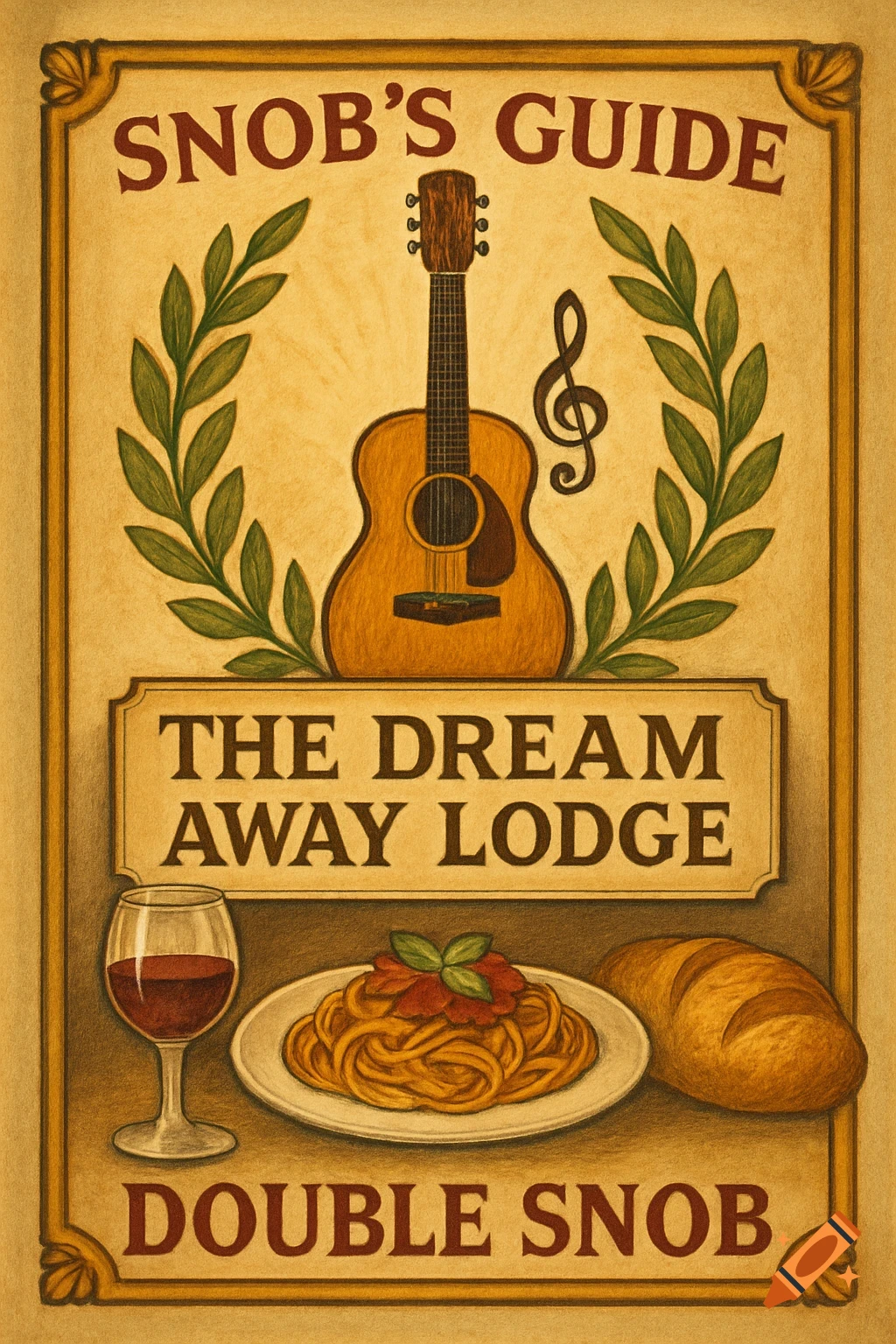 Stylized award poster with text Snob's Guide, The Dream Away Lodge, Double Snob, featuring guitar, food, wine