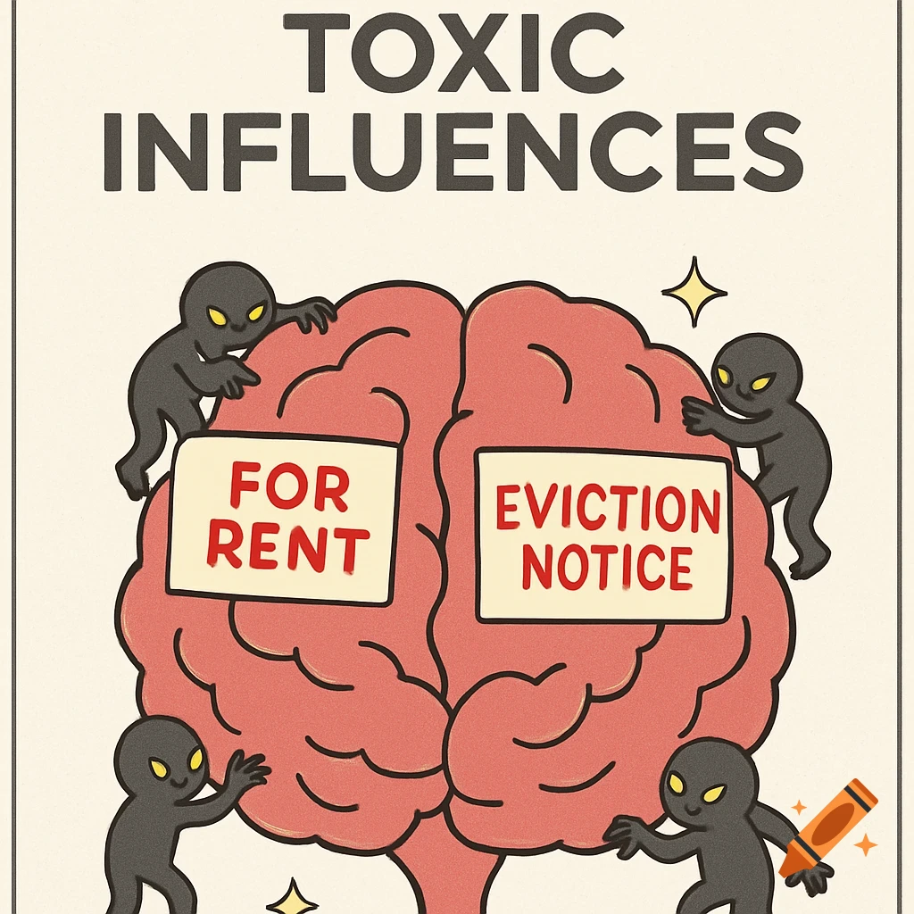 Cartoon illustration of a brain with 'Toxic Influences' text, 'For Rent' and 'Eviction Notice' signs, and small dark figures.