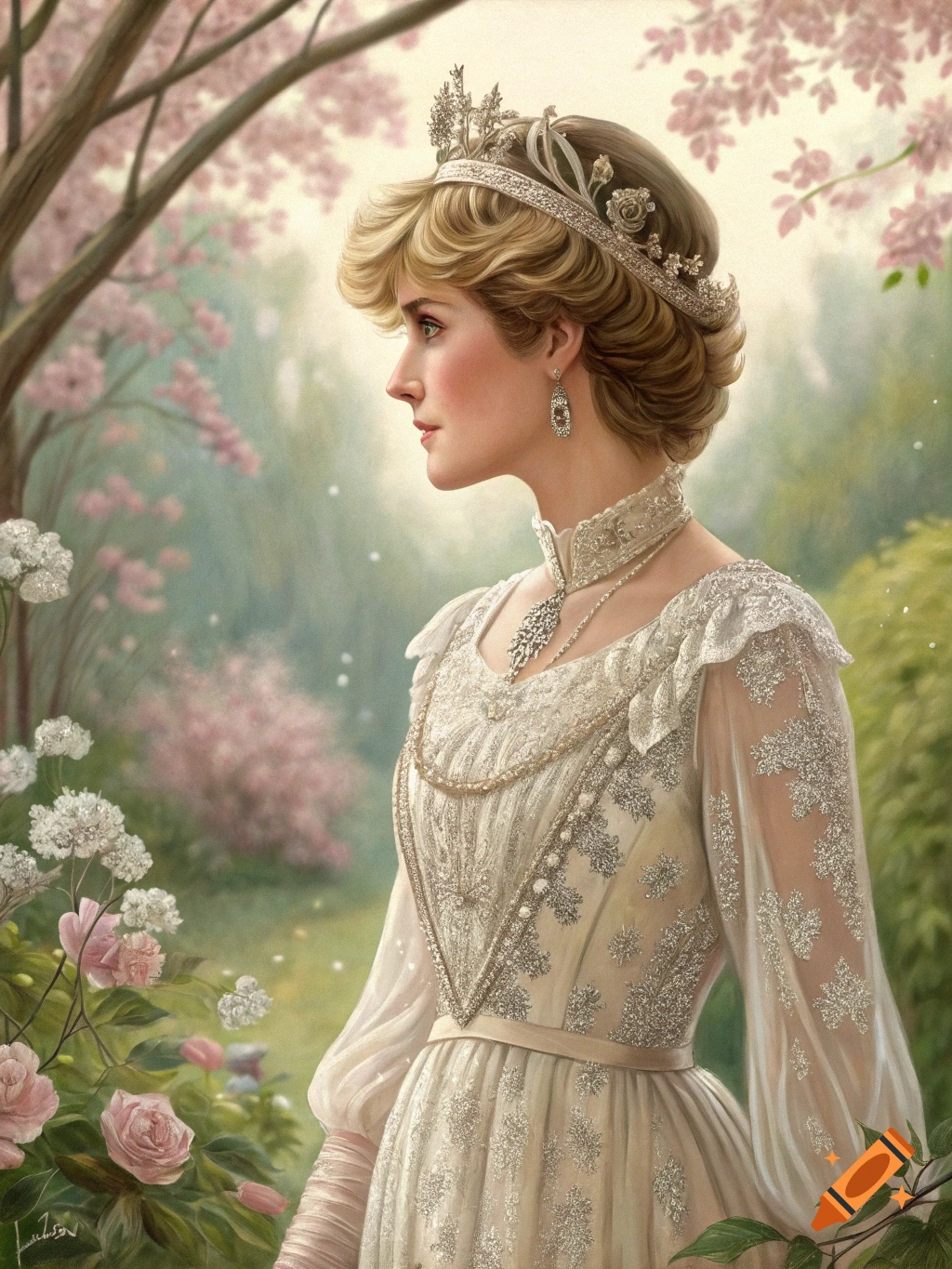 Painterly portrait of a woman resembling Princess Diana in a historical dress, standing in a garden.