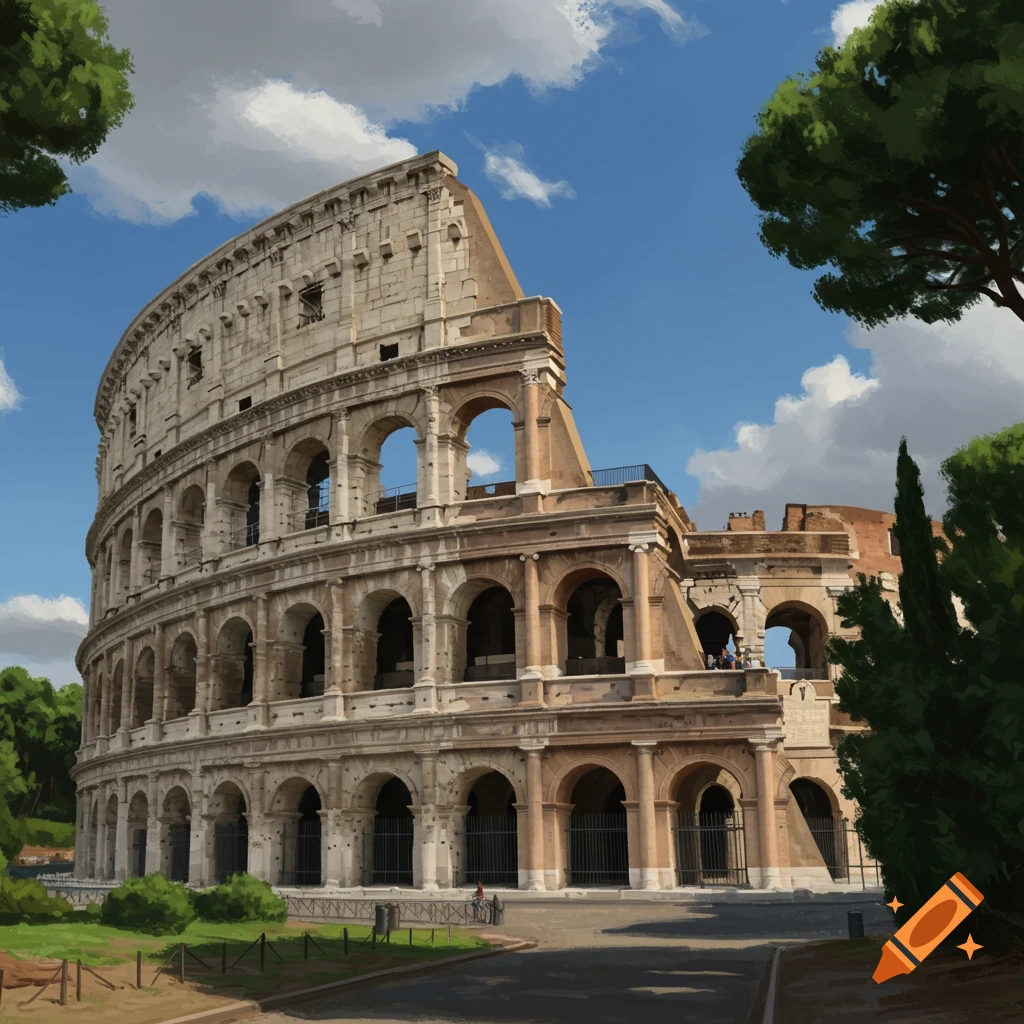 Underneath View Rome Illustration of the ancient Colosseum in Rome under a cloudy sky. on ...