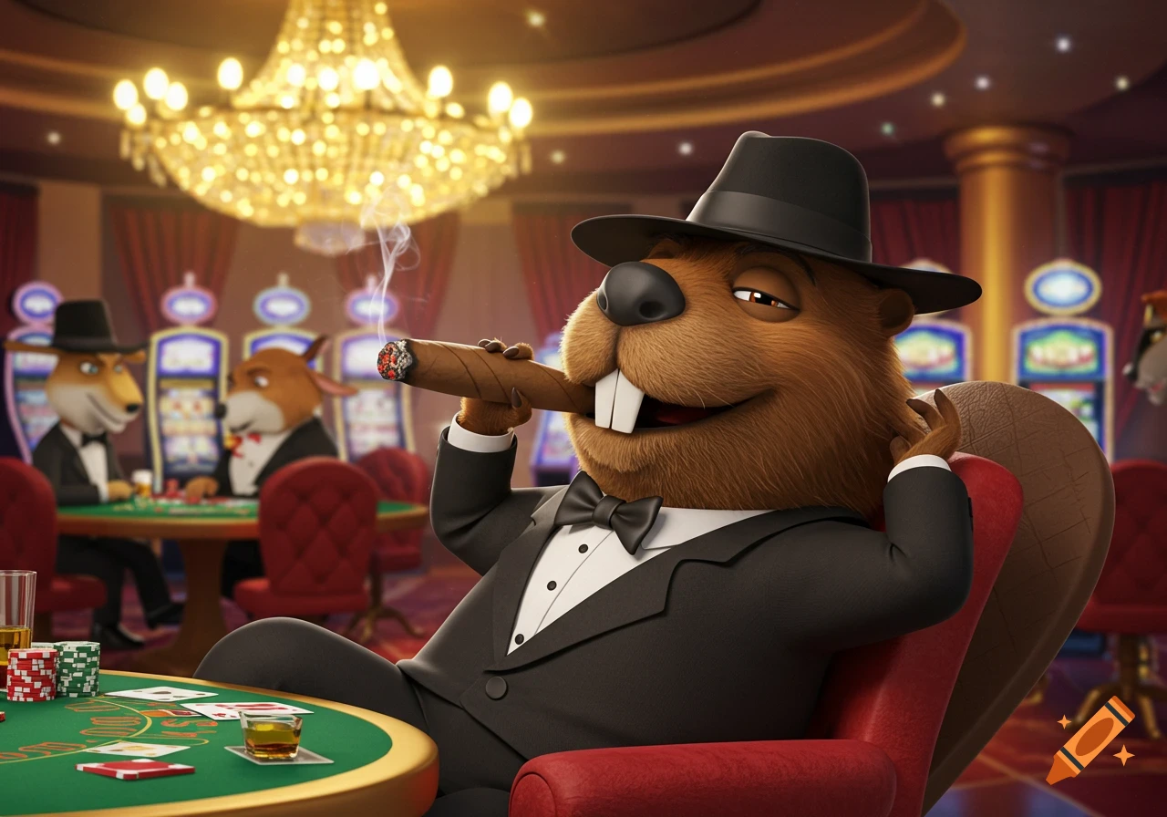 Animated beaver in a tuxedo smoking a cigar at a casino poker table with cards and chips.