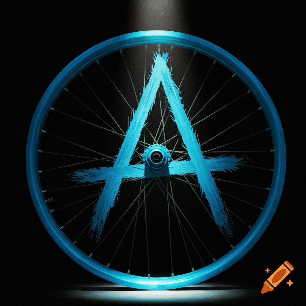 A bicycle wheel with the Anarchism symbol painted in blue brushstrokes.