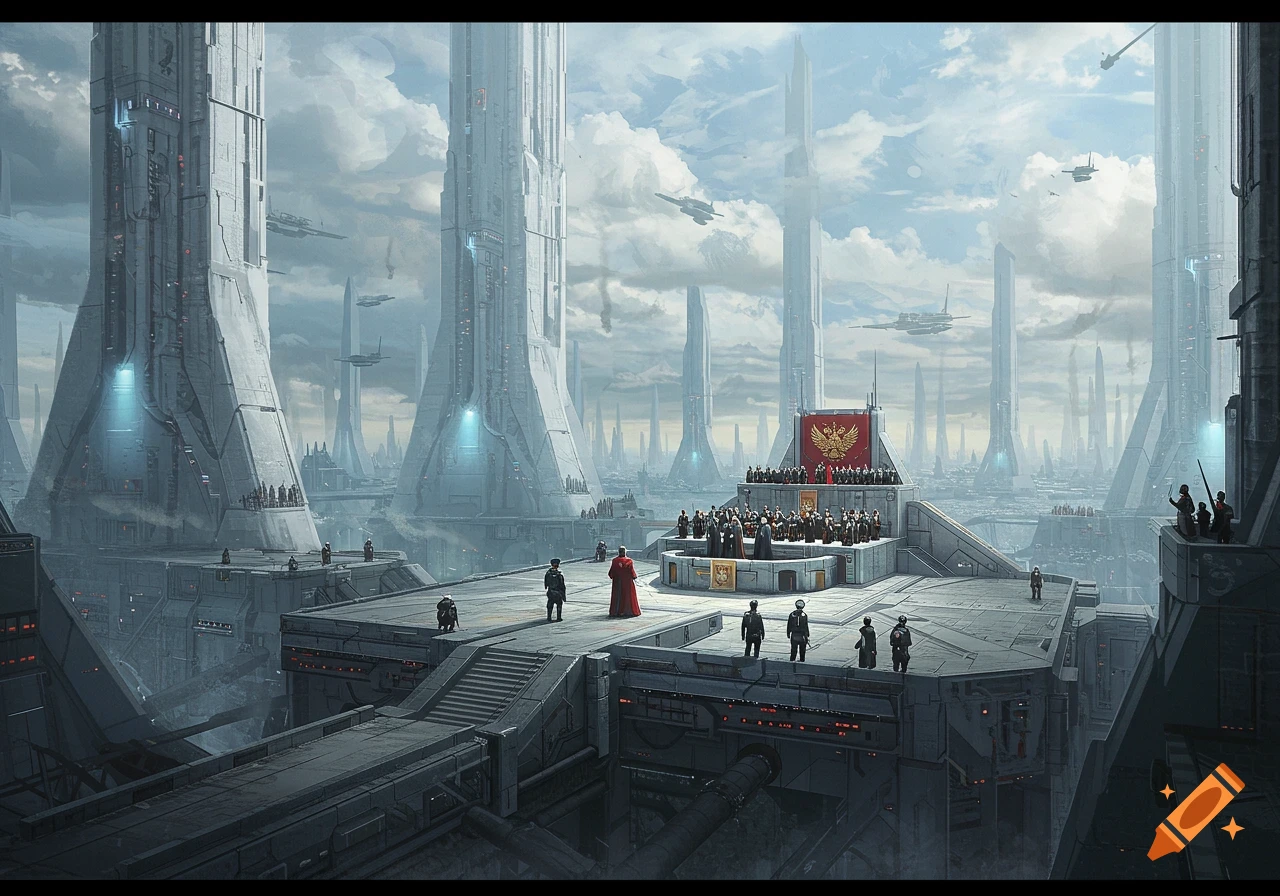 A ceremony in a futuristic city with towering buildings and flying vehicles.