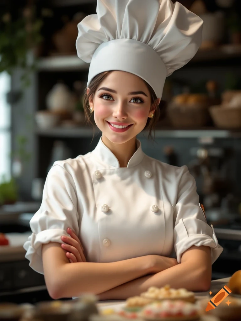 Smiling young woman in chef hat and uniform, standing over pastries.