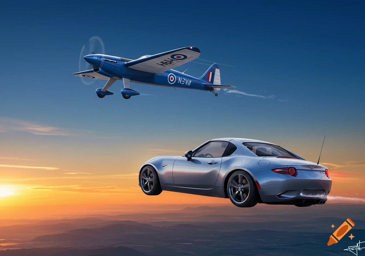 A silver car flies alongside a blue and white airplane over mountains at sunset.
