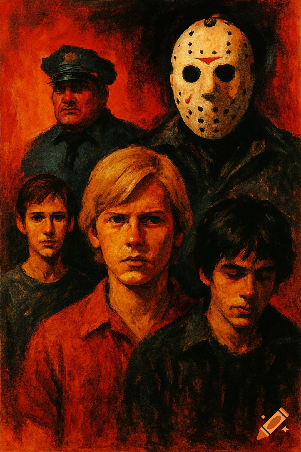 Abstract painting in movie poster style showing three young men, a police officer, and a person in a hockey mask.