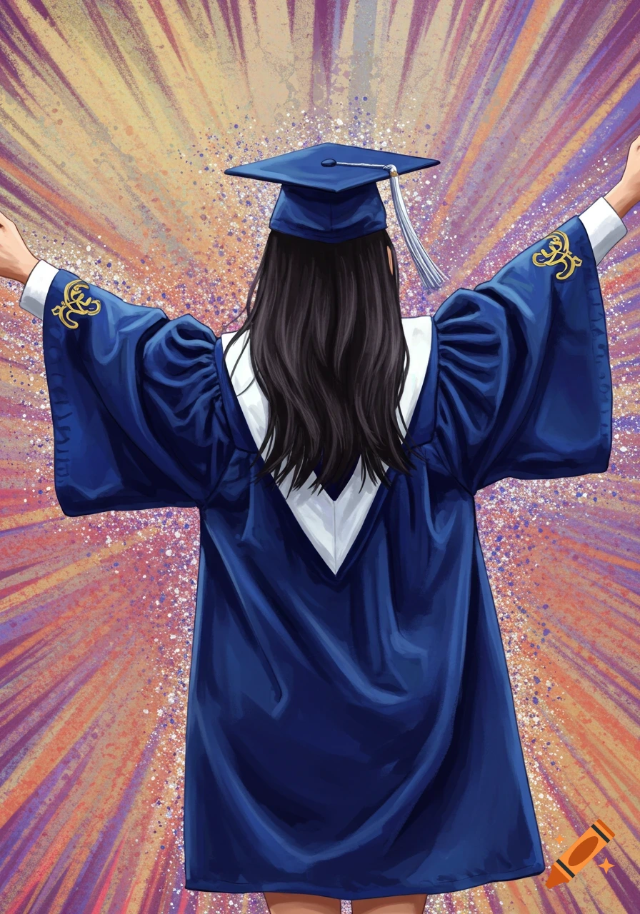 Person in blue graduation gown and cap with arms raised against a colorful background, illustration.