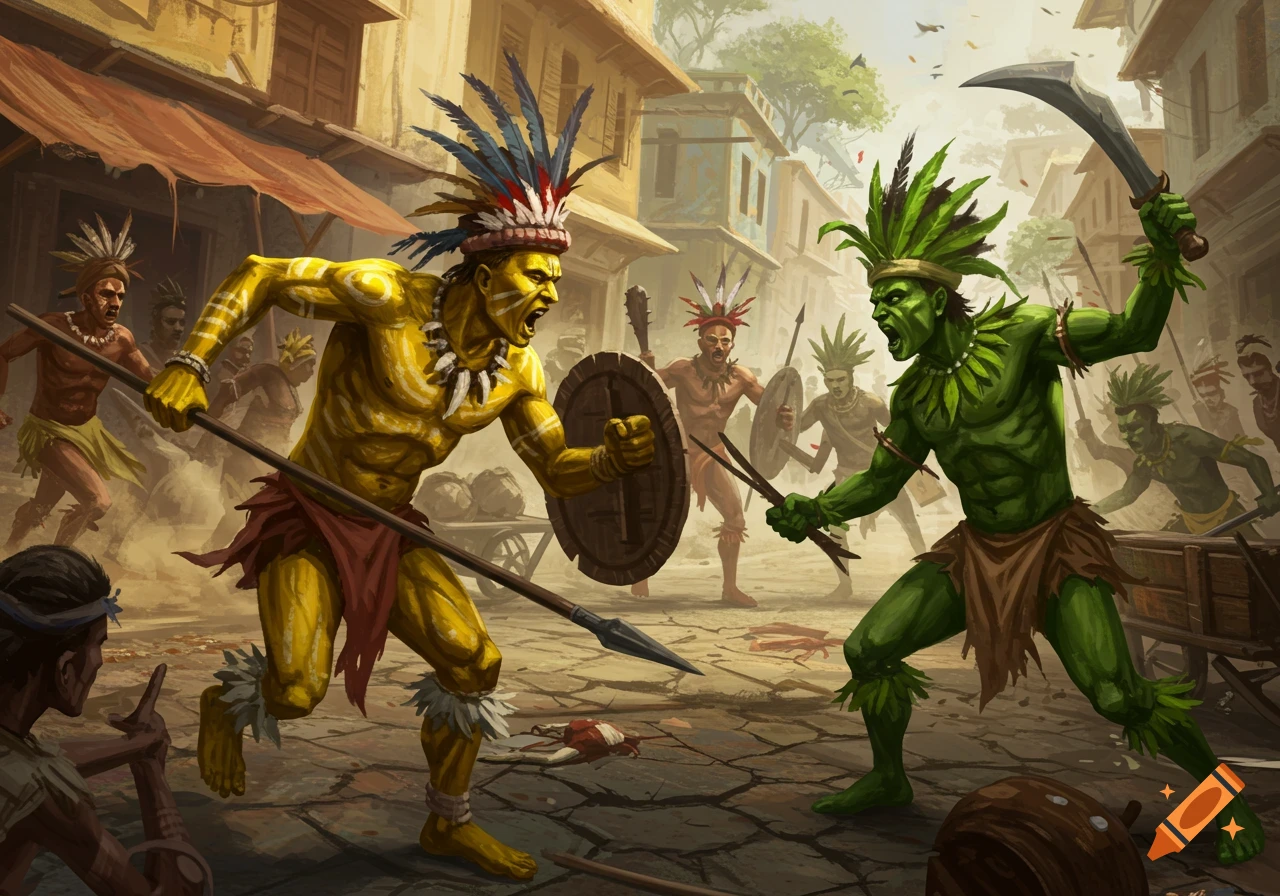 Illustration of yellow and green tribal warriors battling in a street.