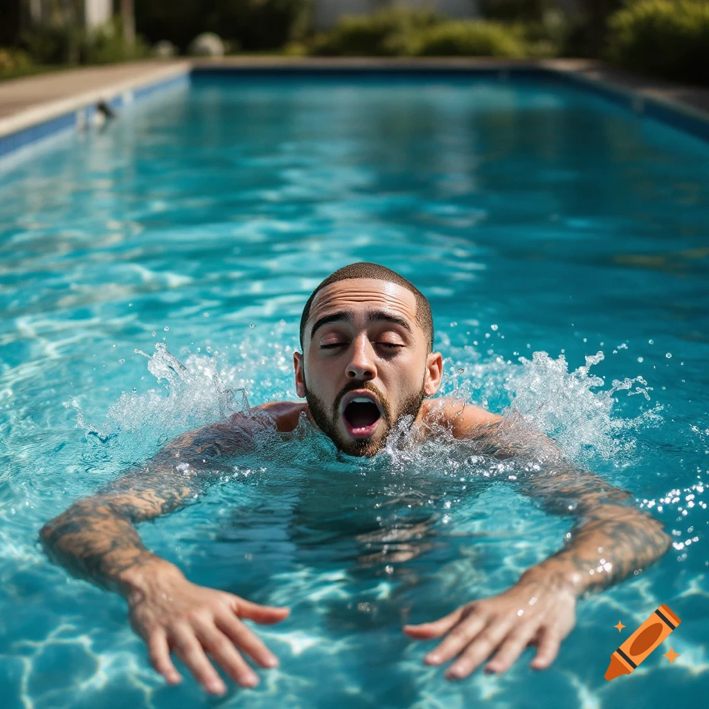 A man swims in a pool with his eyes closed and mouth open, water splashing around him.