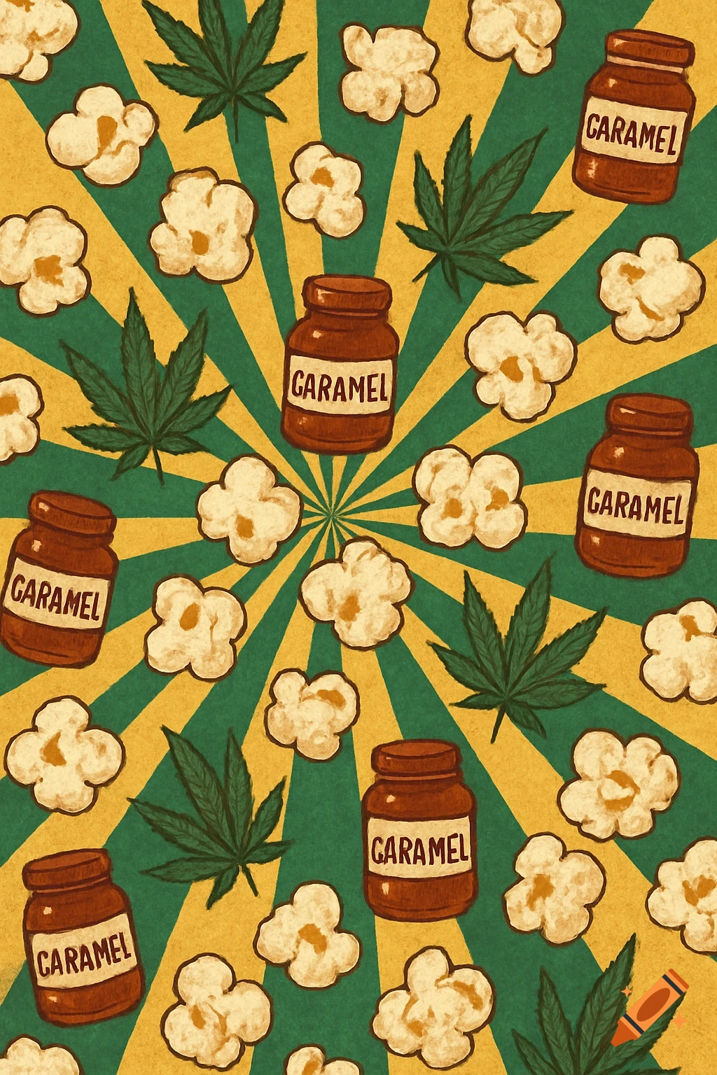 Retro pattern of popcorn, cannabis leaves, and caramel jars on a sunburst background.