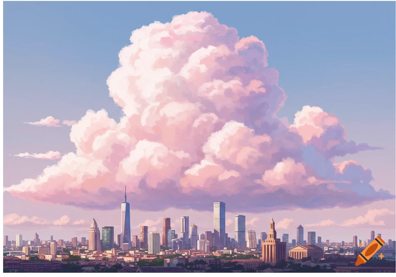 A large pink cloud towers over a city skyline in an illustration style.