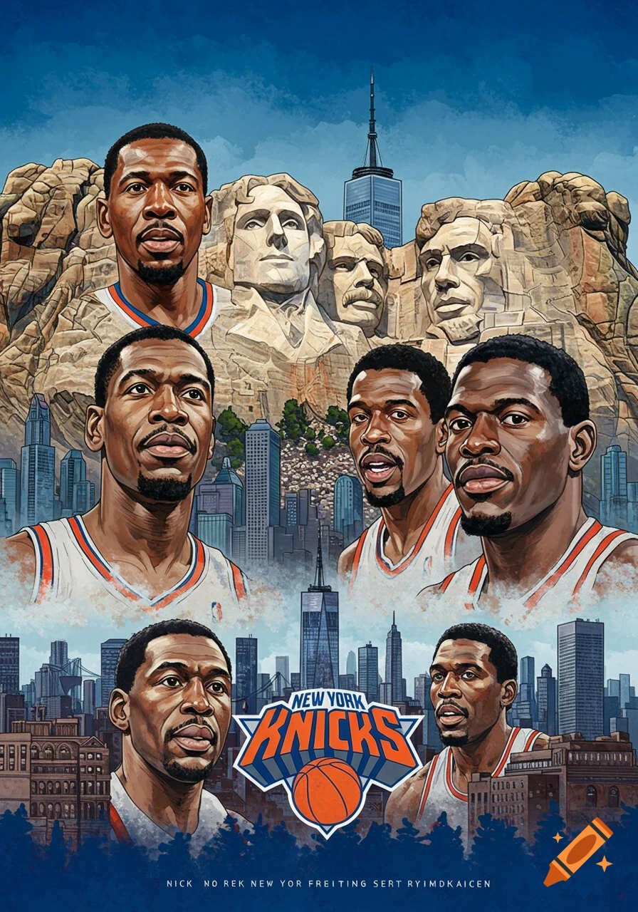 Illustration of New York Knicks players with Mount Rushmore and the NYC skyline.