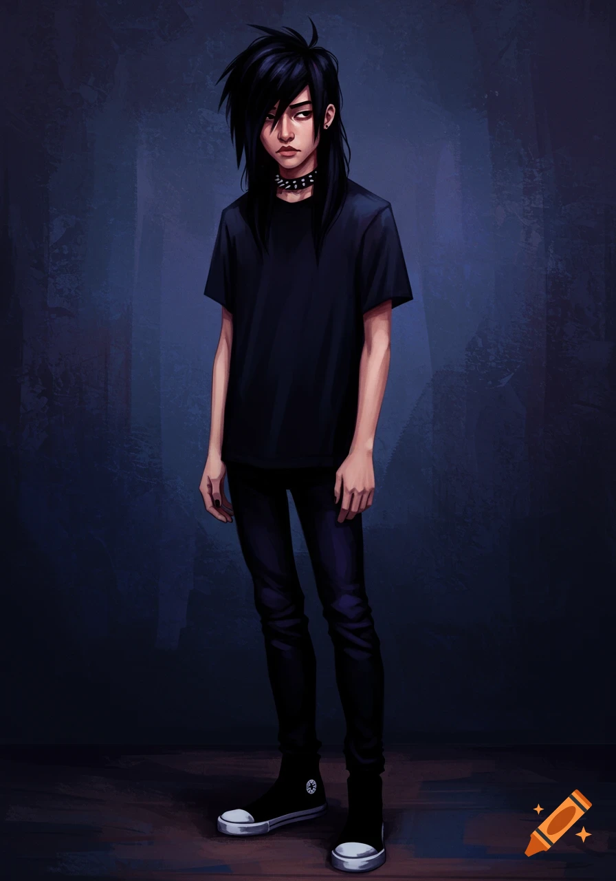 Illustration of a person with dark emo hair wearing black clothes and a studded collar.