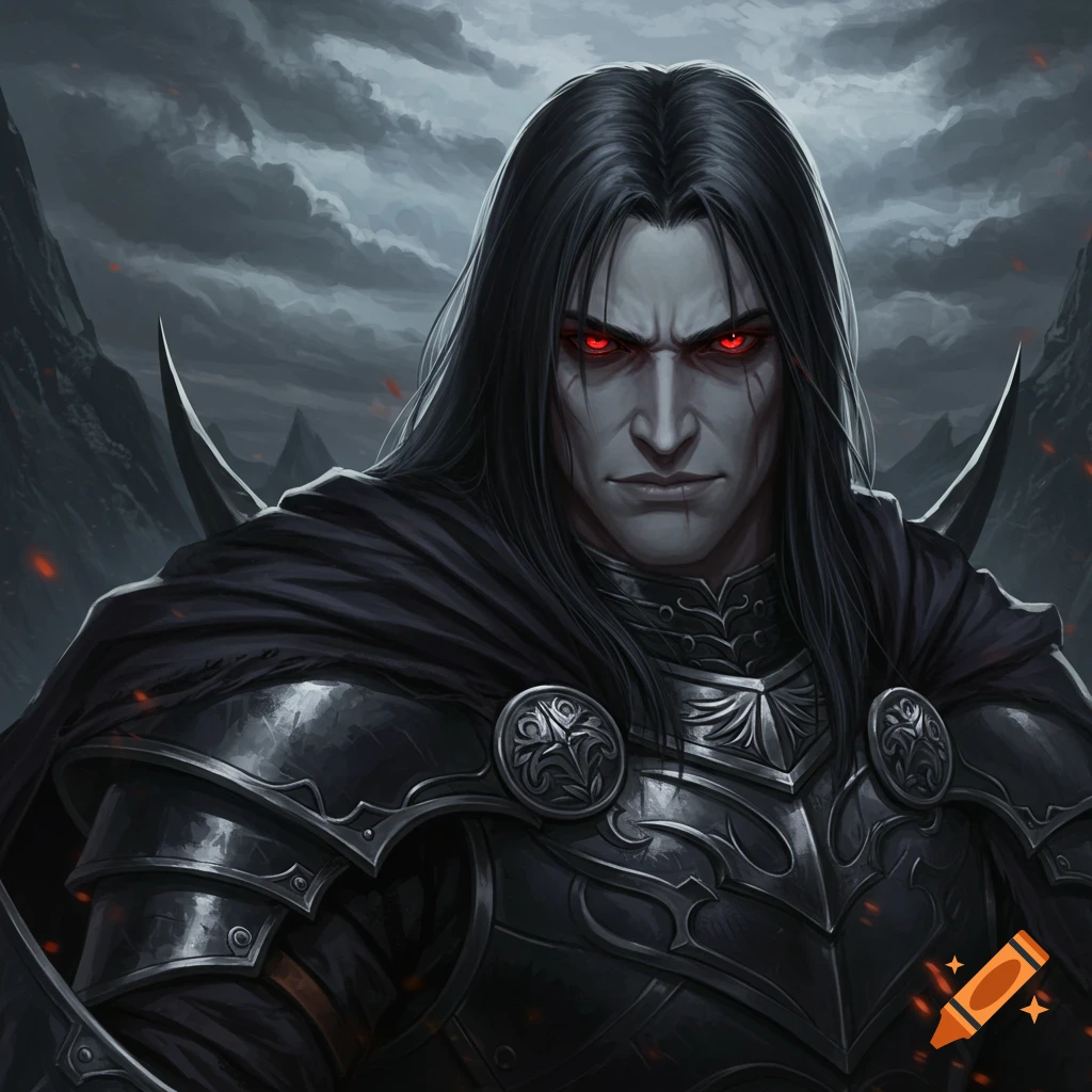 Dark fantasy portrait of a man in armor with red eyes against a cloudy ...