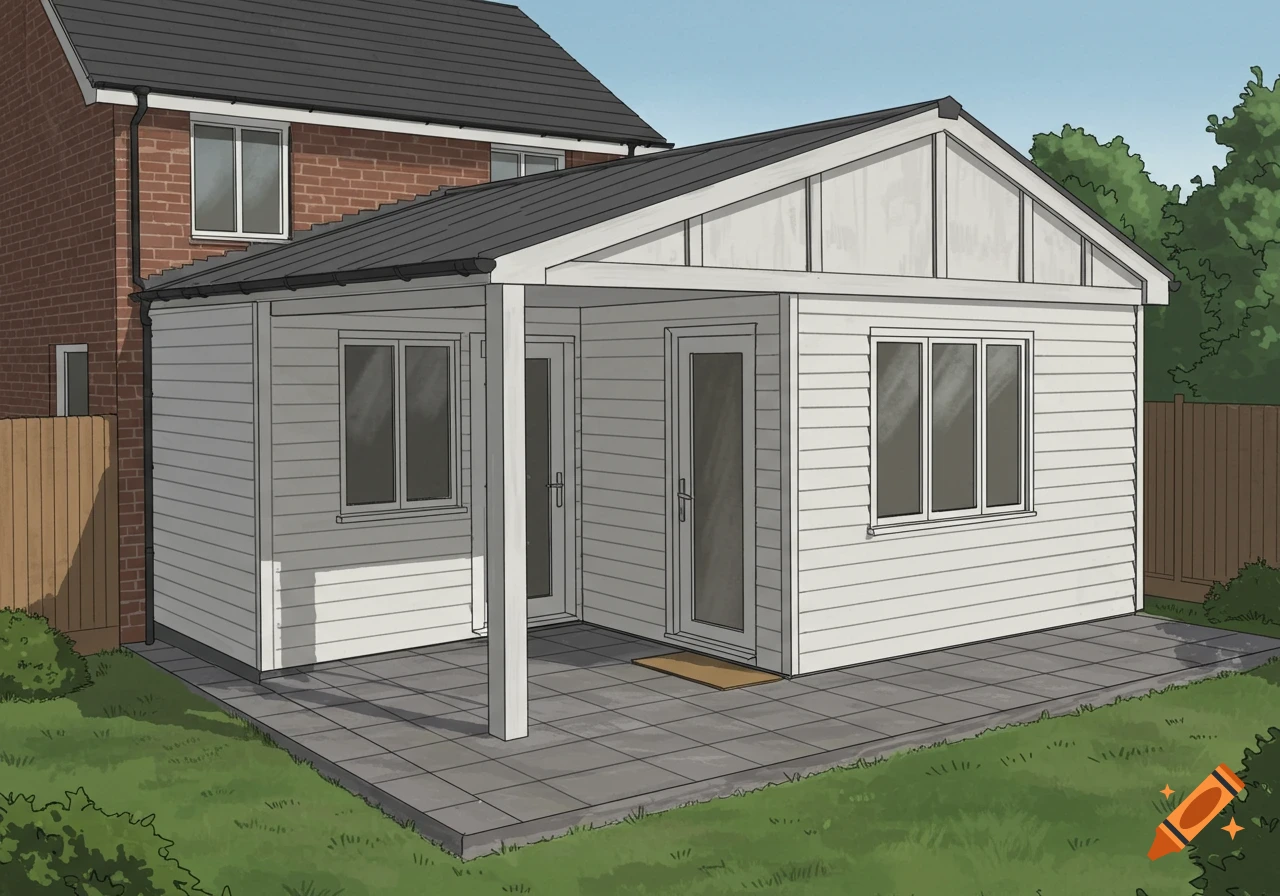 Illustration of a white house extension with a patio