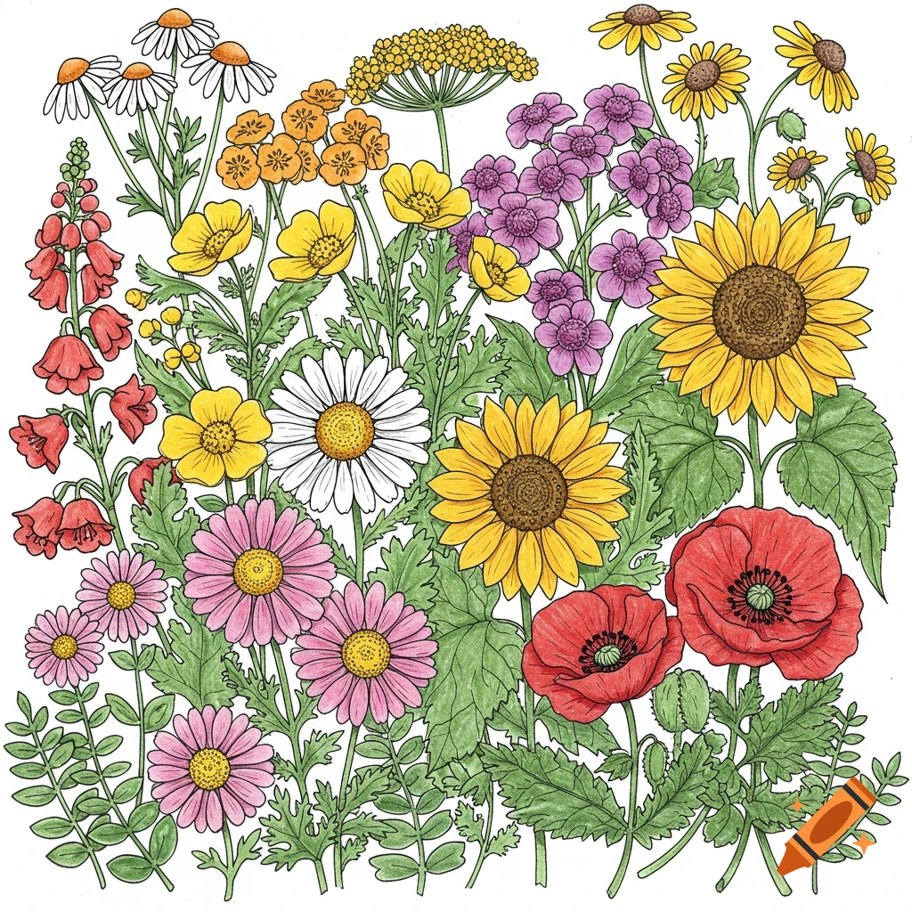 An illustration of various wildflowers in a coloring page style.