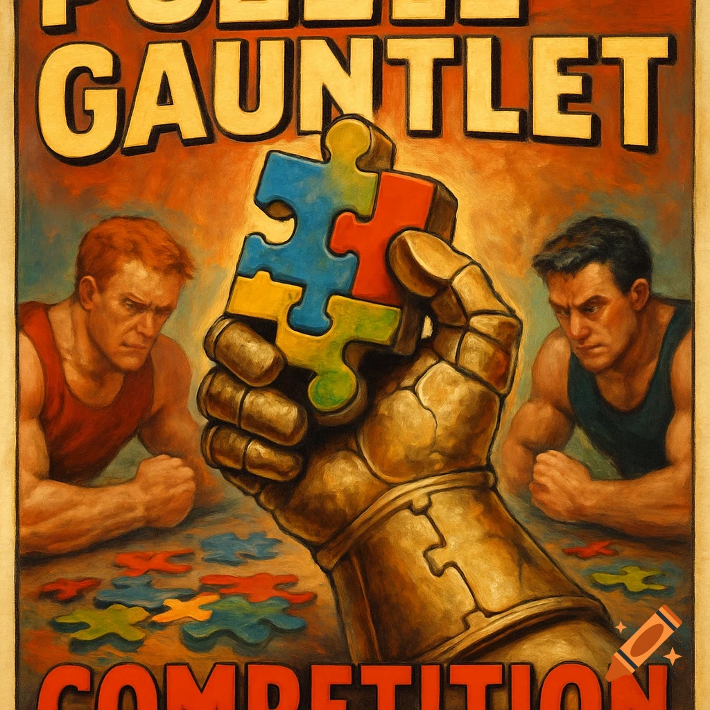 Vintage poster for a puzzle competition showing a golden gauntlet hand holding multi-colored puzzle pieces, with two men in the background.