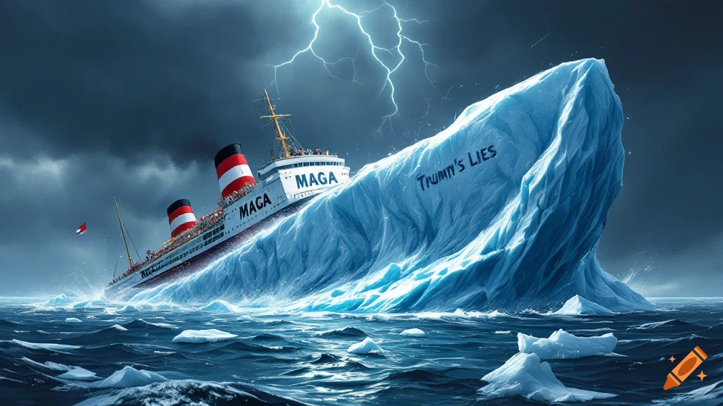 A ship labeled MAGA collides with a large iceberg labeled Trump's Lies in a stormy sea with lightning.