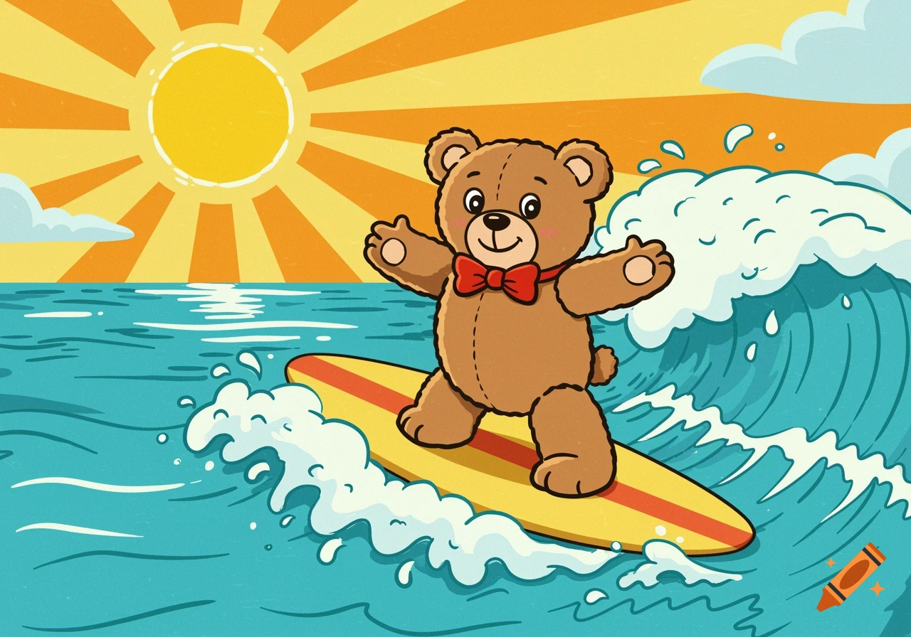 Cartoon illustration of a teddy bear surfing on a yellow surfboard under a bright sun.
