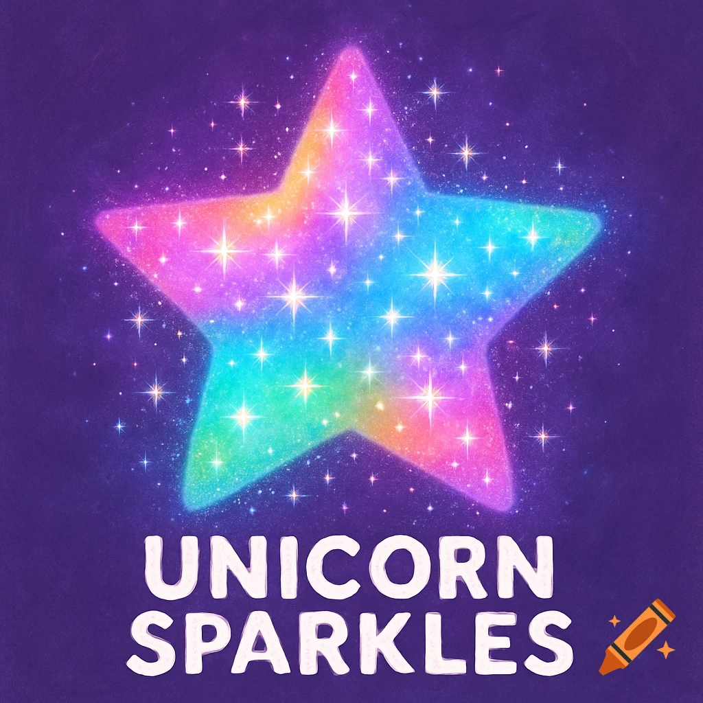 Rainbow star with sparkles and 'Unicorn Sparkles' text below on purple background.