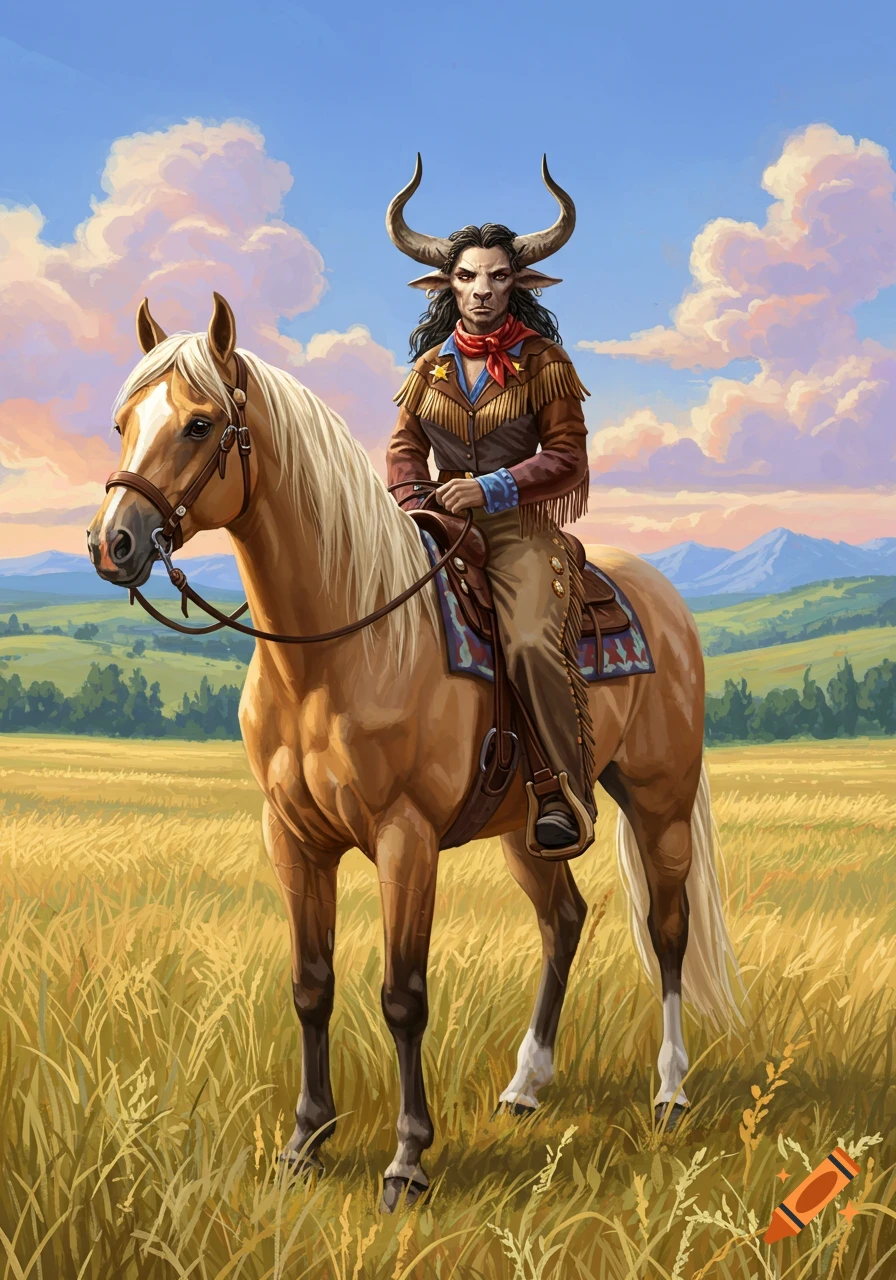Painting of a female minotaur cowgirl riding a horse in a sunny prairie field.