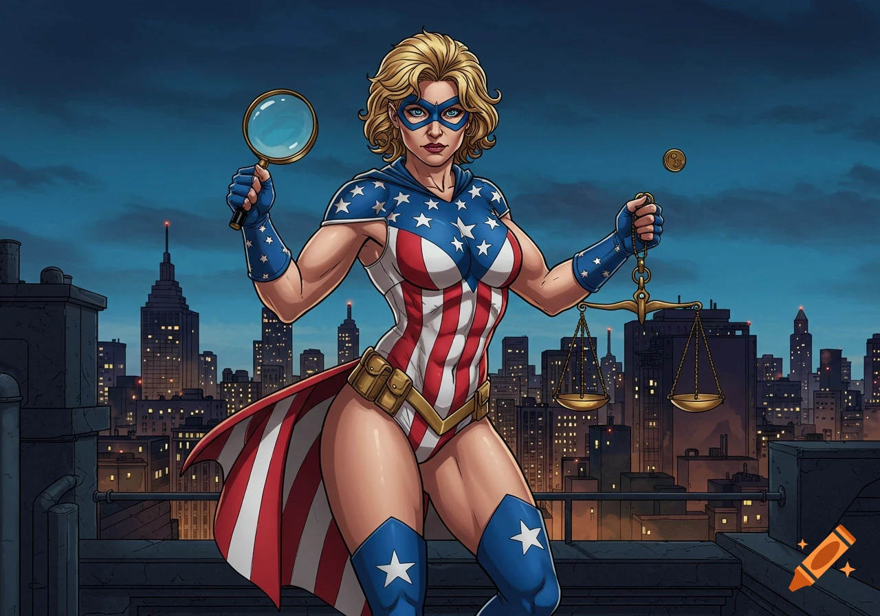 Female superhero in patriotic costume holds magnifying glass and scales on a rooftop overlooking a city at night in comic style.