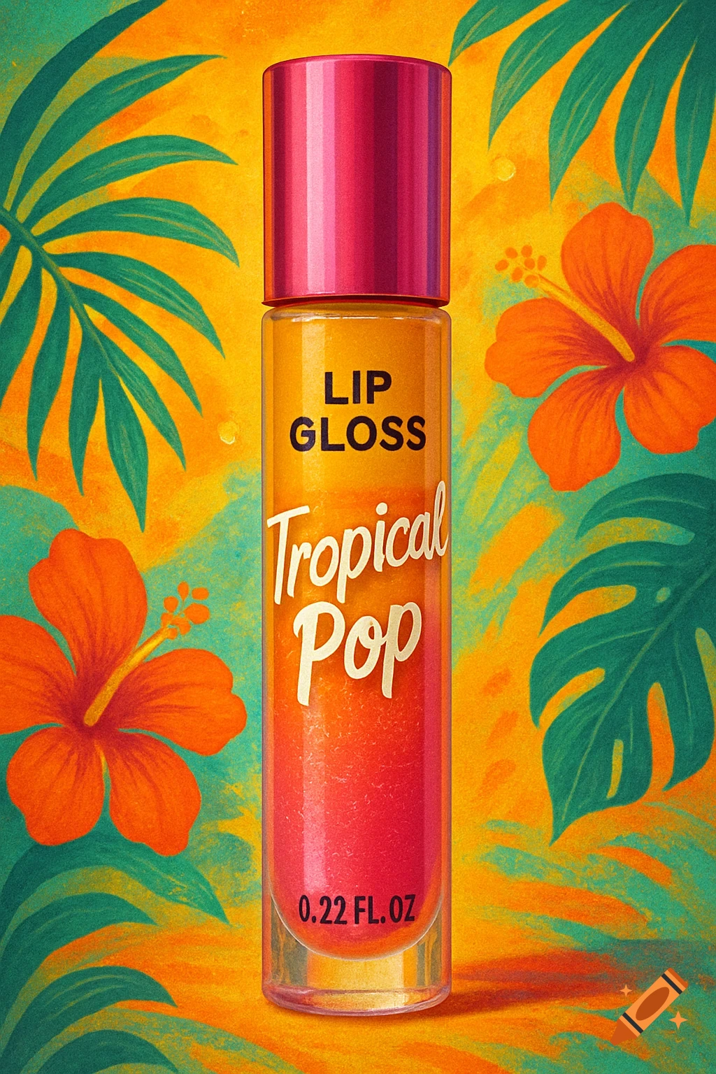 A bottle of lip gloss labeled 'Lip Gloss Tropical Pop' on a vibrant background with orange flowers and green leaves.