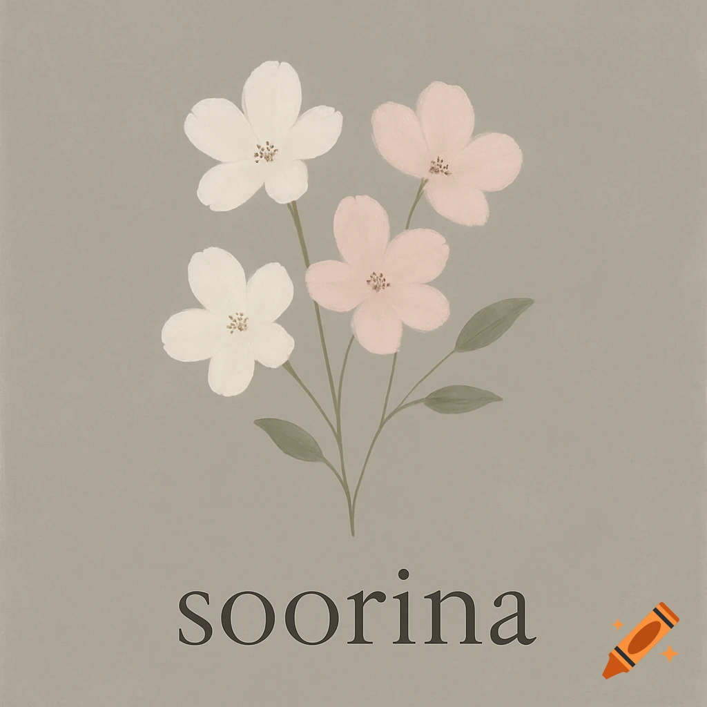 Minimalist illustration of pink and white flowers on grey background with text 'soorina'