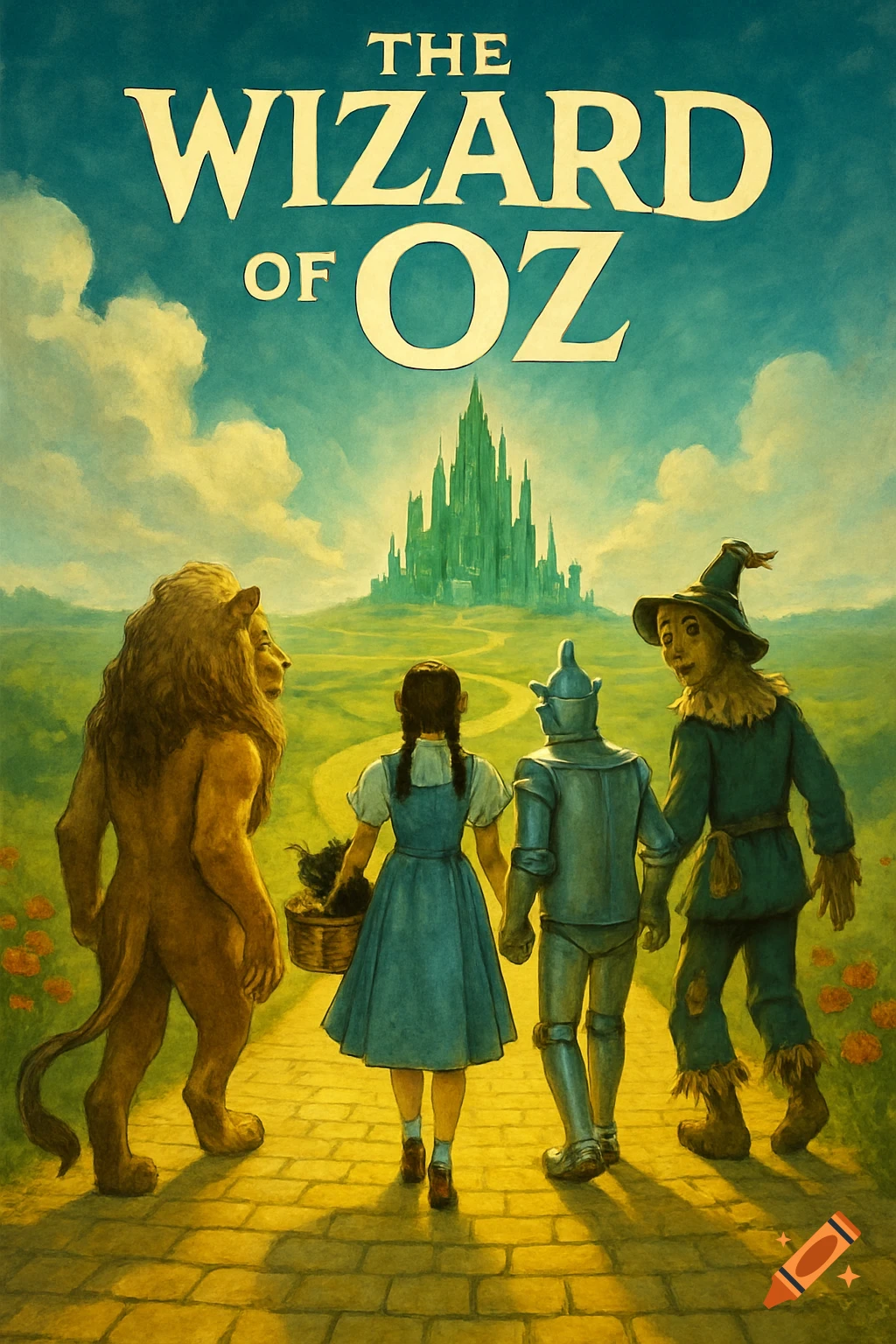 Dorothy, the Scarecrow, Tin Man, and Cowardly Lion walk the yellow brick road towards the Emerald City. Poster illustration style.