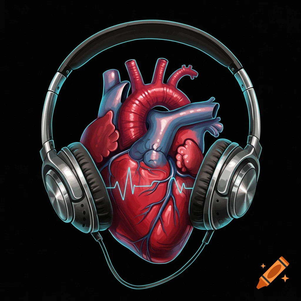 Illustration of an anatomical heart wearing headphones with a heartbeat ...