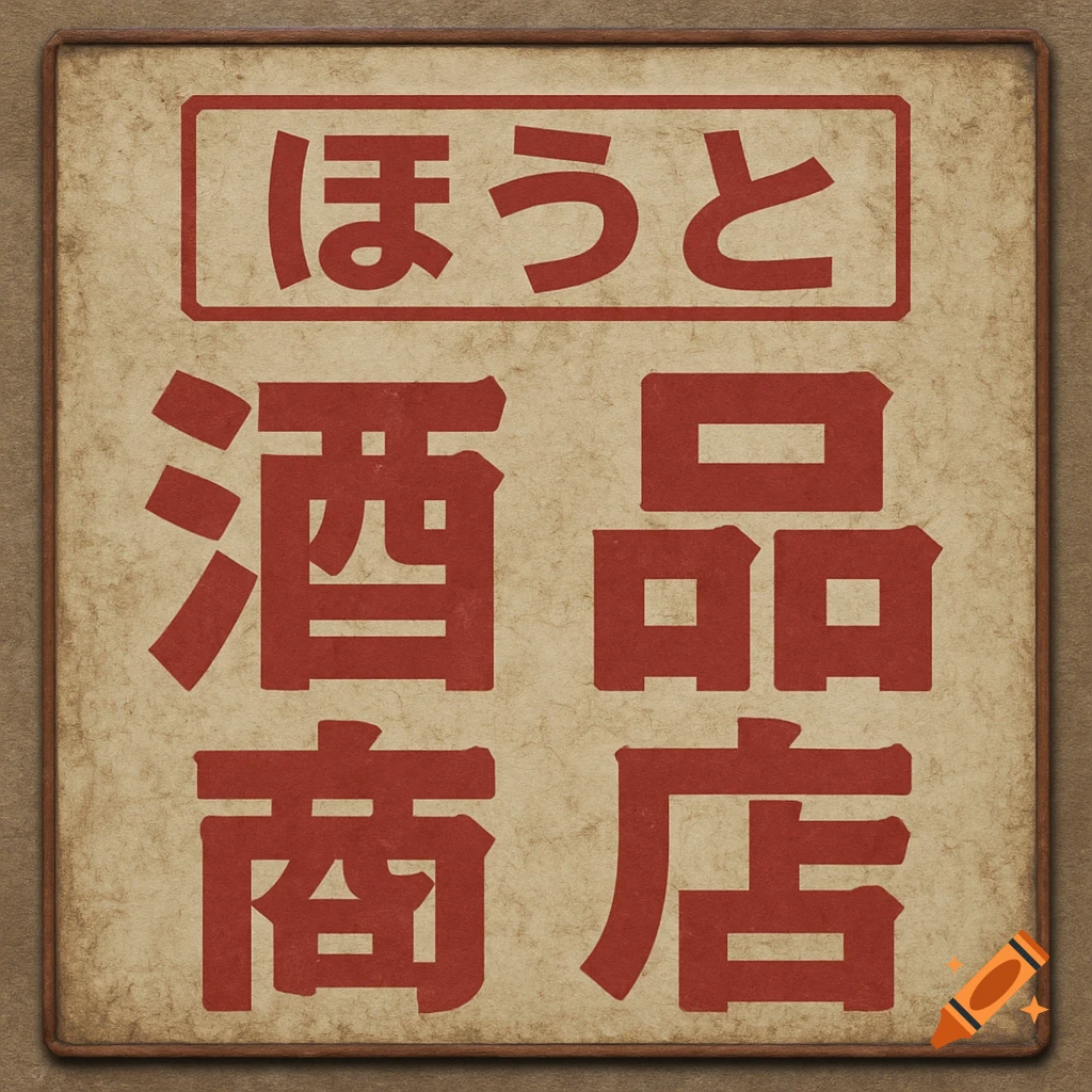 A vintage Japanese store sign with red characters on a textured paper background.