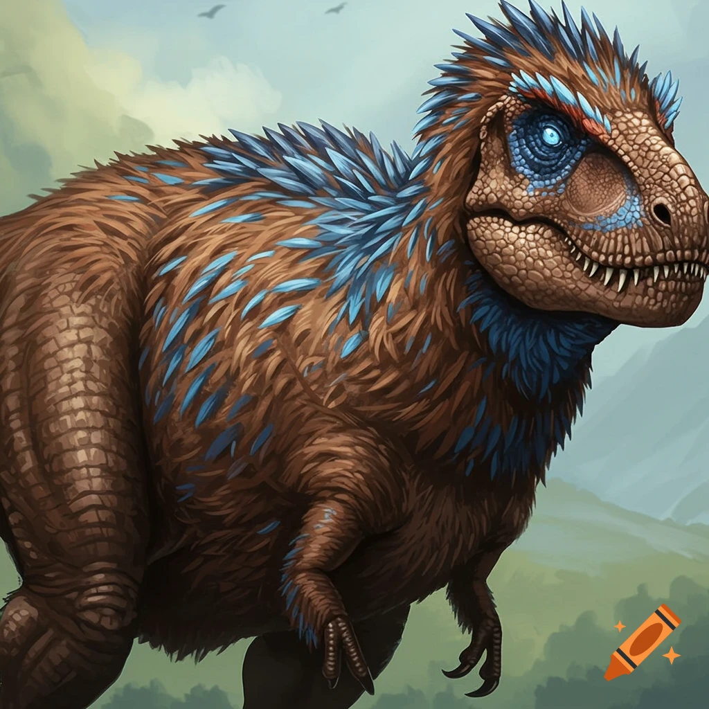 A feathered Tyrannosaurus Rex with blue feathers and blue eyes stands in a landscape.