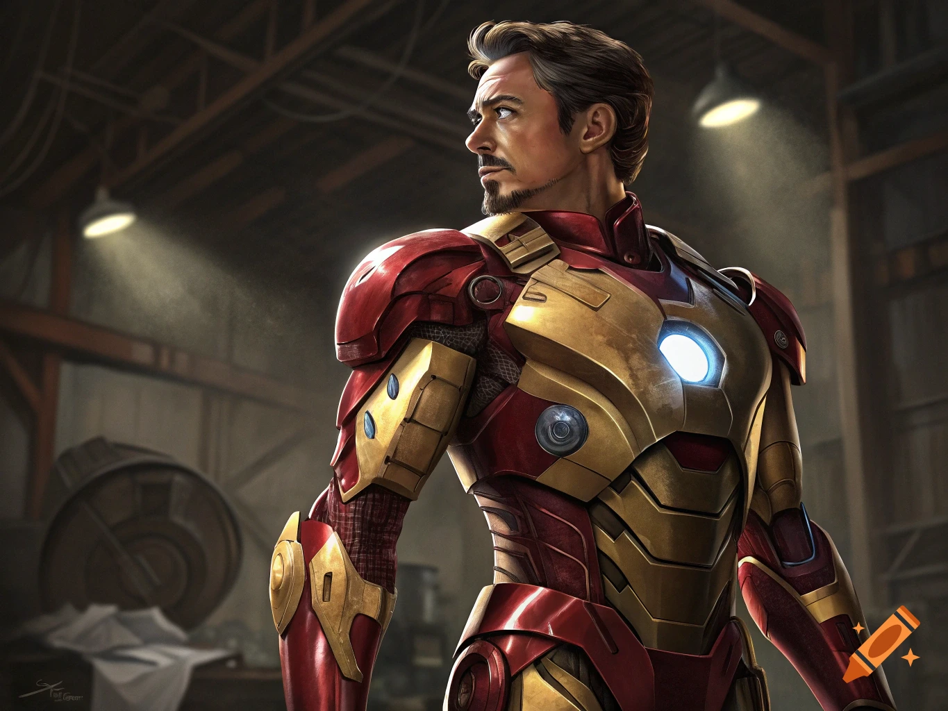 Robert Downey Jr. as Iron Man in his red and gold suit in a workshop, realistic digital painting.