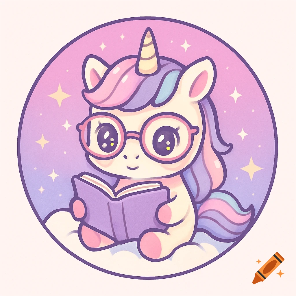 Cute pastel-style cartoon unicorn with glasses reading a book on a cloud, surrounded by stars in a circle frame.