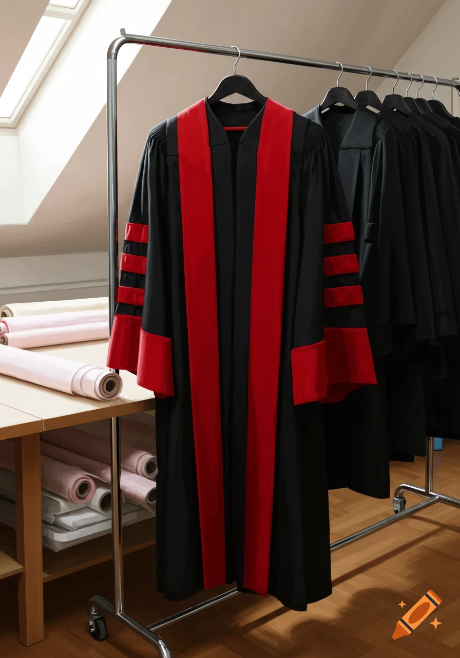 Academic robes hanging on a metal clothing rack in a room.