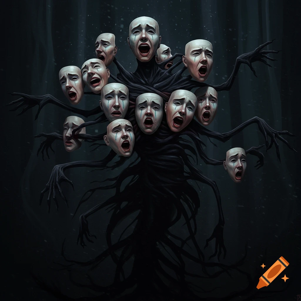 Dark art painting of a figure made of shadows with many white masks showing different emotions.