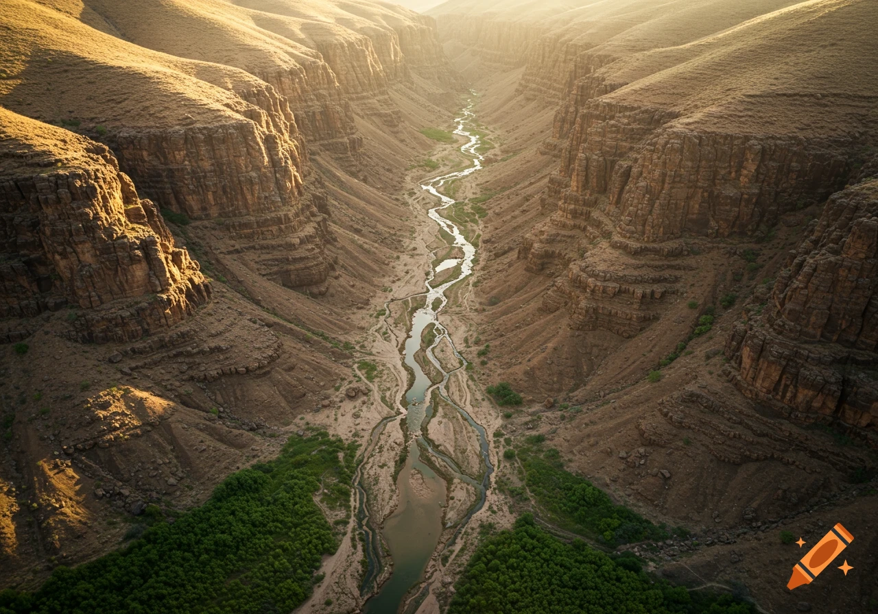 Aerial view looking down a deep canyon with a river winding through the bottom at sunrise.
