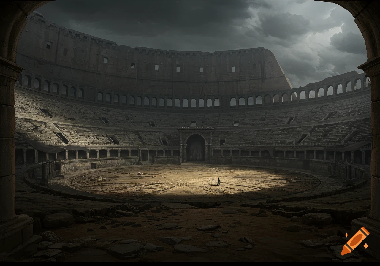 A single figure stands in the center of a ruined, empty colosseum arena under a dark, stormy sky.