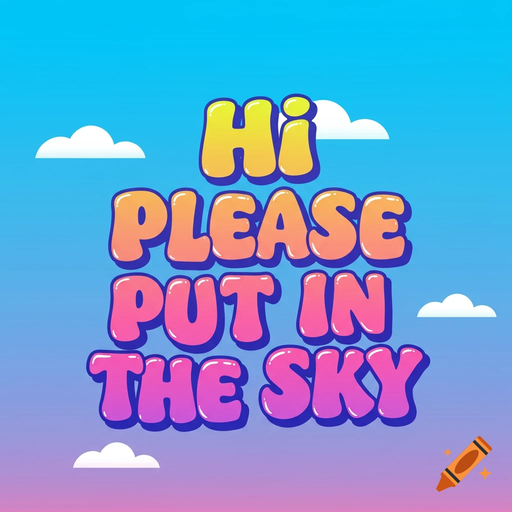Colorful bubble text "Hi PLEASE PUT IN THE SKY" floating in a blue sky with white clouds.
