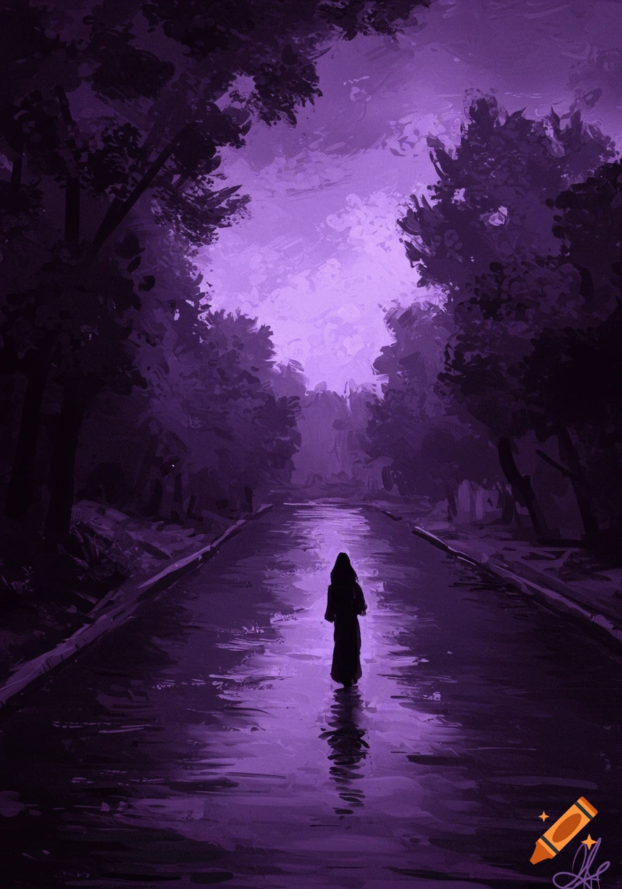 Impressionist painting of a figure walking down a wet path through dark purple trees