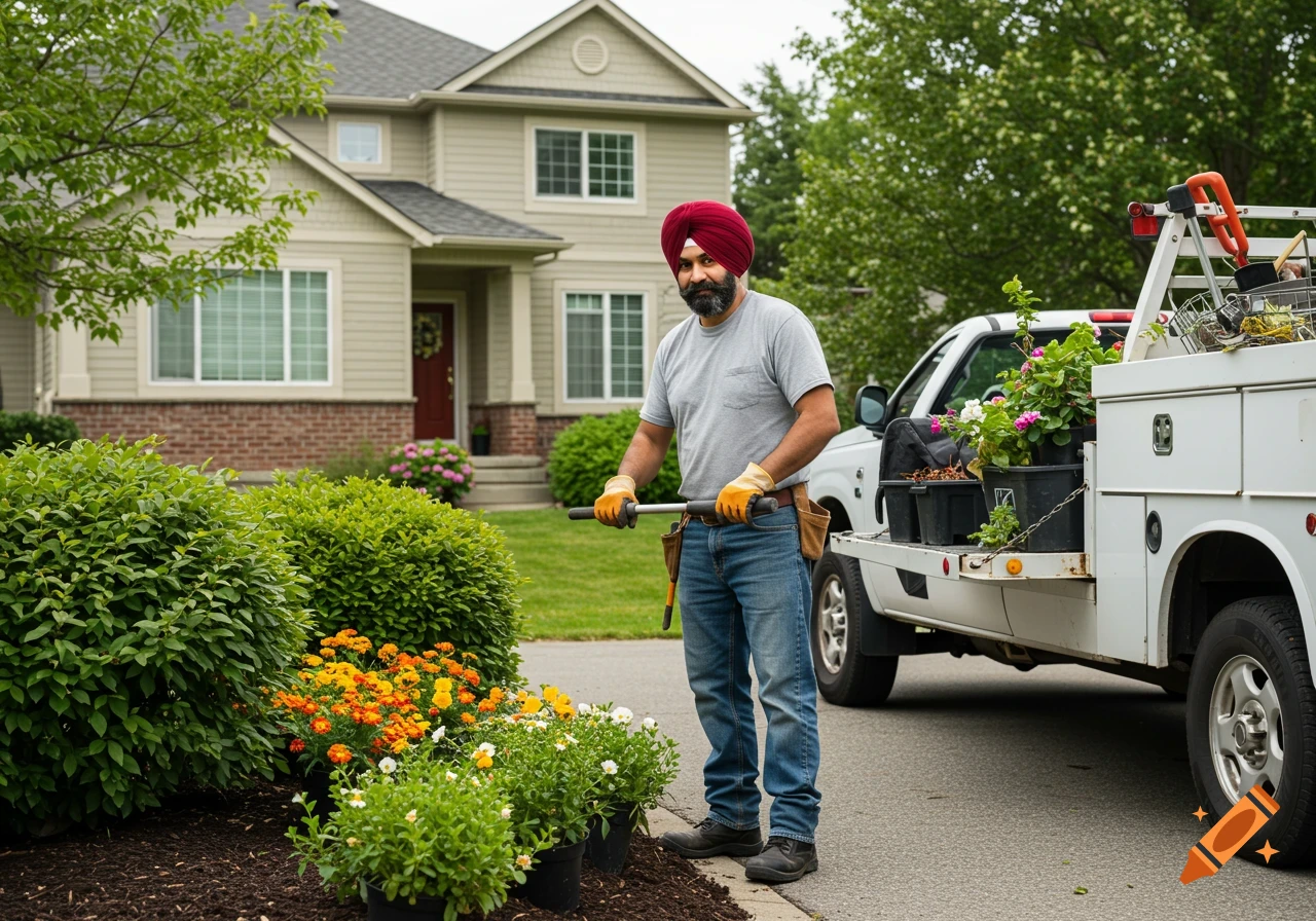 Punjabi man gardening plants in front of a suburban house with a truck.