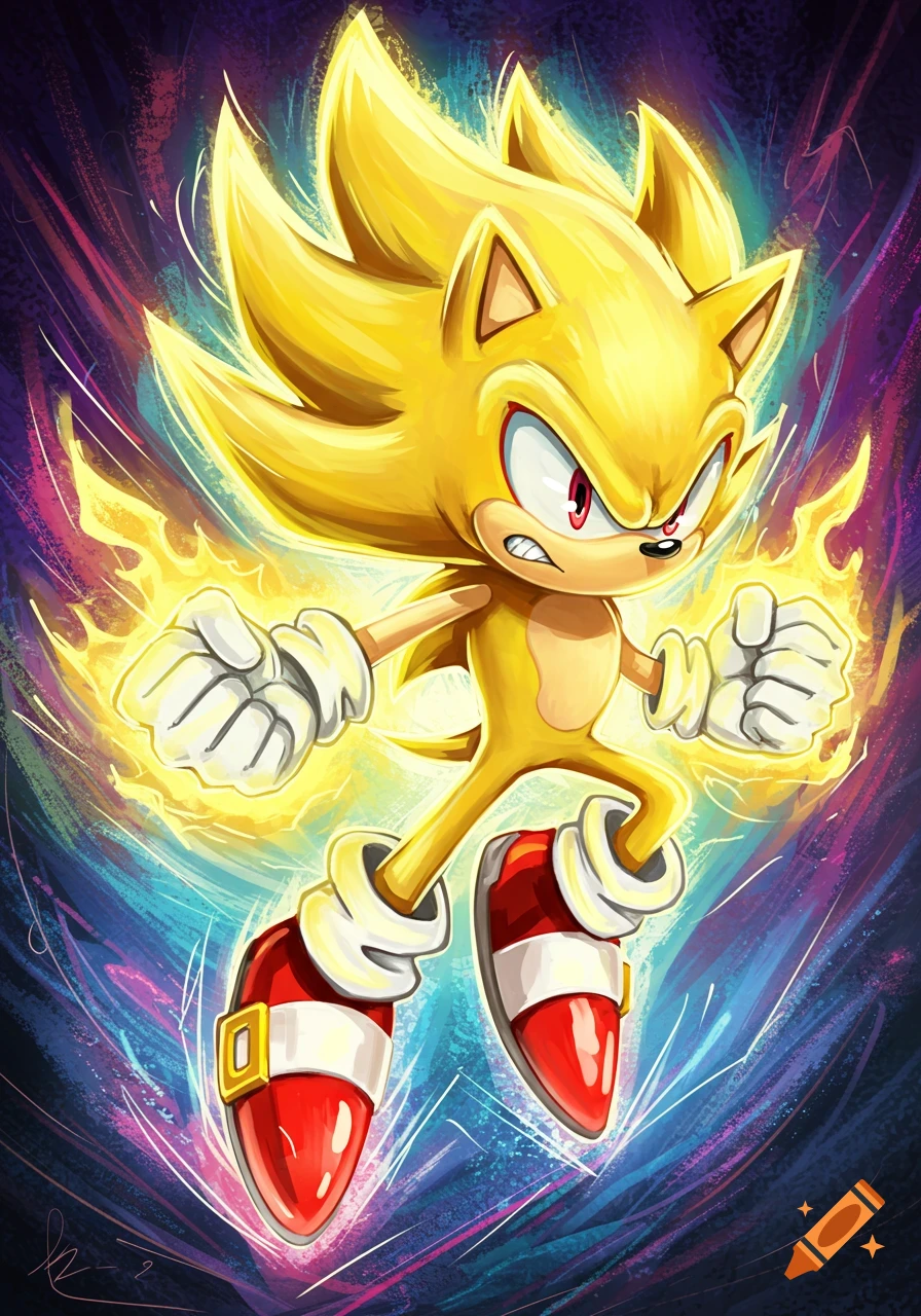 Super Sonic glows with golden energy, clenching his fists against a vibrant, abstract background.